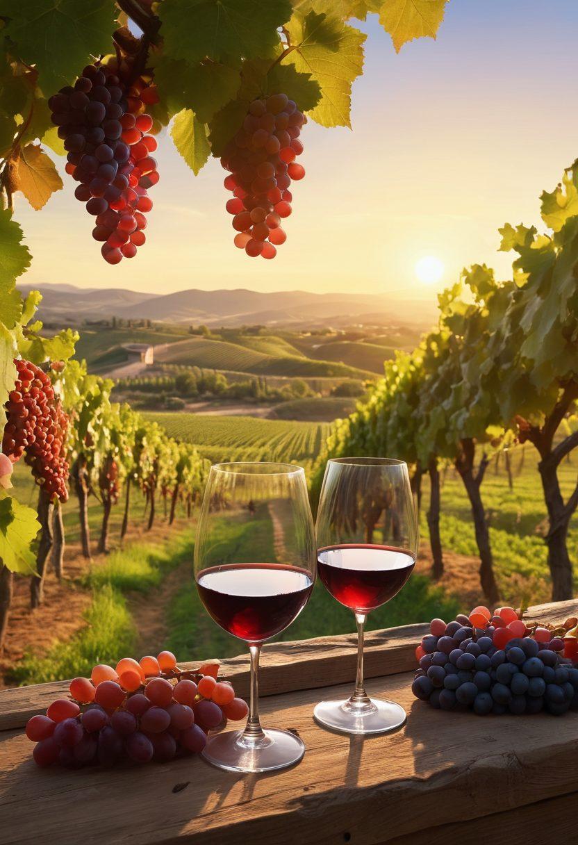 A serene vineyard landscape at sunset, with lush grapevines stretching across rolling hills, a glass of red wine glistening in the foreground, and a winemaker carefully inspecting grapes. Soft, ambient light enhances the idyllic atmosphere while butterflies flutter around, symbolizing joy and tranquility. The scene should evoke a sense of relaxation and celebration of winemaking. super-realistic. vibrant colors. sunset lighting.