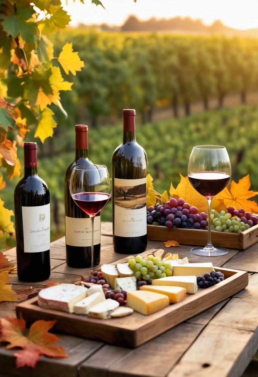 A beautifully arranged rustic wooden table set in an old vineyard during golden hour, showcasing an assortment of vintage wine bottles and glasses, surrounded by lush grapevines and autumn leaves. A soft breeze gently rolls over, capturing the essence of relaxation and joy, with a delicate cheese platter beside the wines. An inviting, warm color palette enhances the ambiance, evoking feelings of nostalgia and appreciation for fine wines. super-realistic. vibrant colors. warm tones.