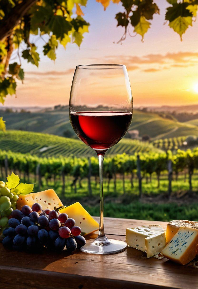 A close-up view of a wine glass filled with rich red wine, capturing the light play and swirling liquid. Surround it with lush grapevines and a rustic wooden table adorned with assorted cheeses and fruits. In the background, a vineyard stretches under a golden sunset, evoking a sense of tranquility. Include subtle scientific elements like a flavor wheel and molecular structures faintly in the background. super-realistic. vibrant colors. atmospheric lighting.